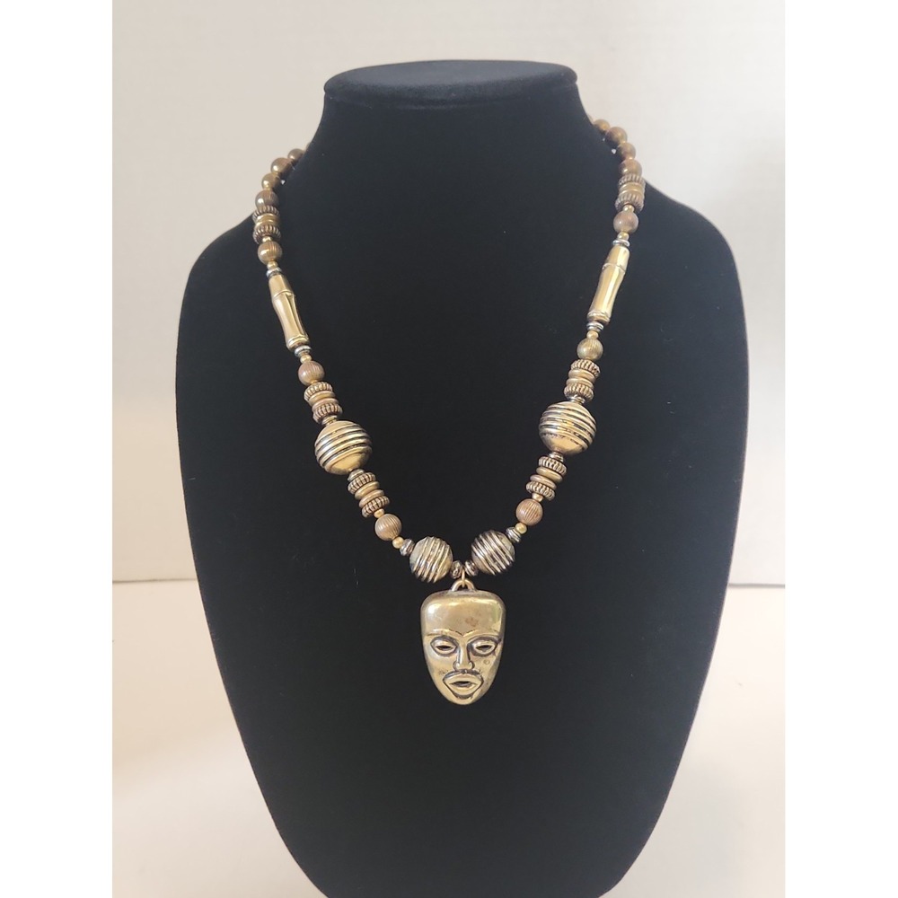 Vintage 1970s Modernist Goldtone Tribal Mask Pendant Beaded Statement Necklace